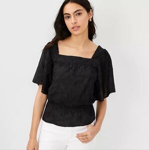 Ann Taylor Black Petite Clip Square Neck Cinched Waist Top